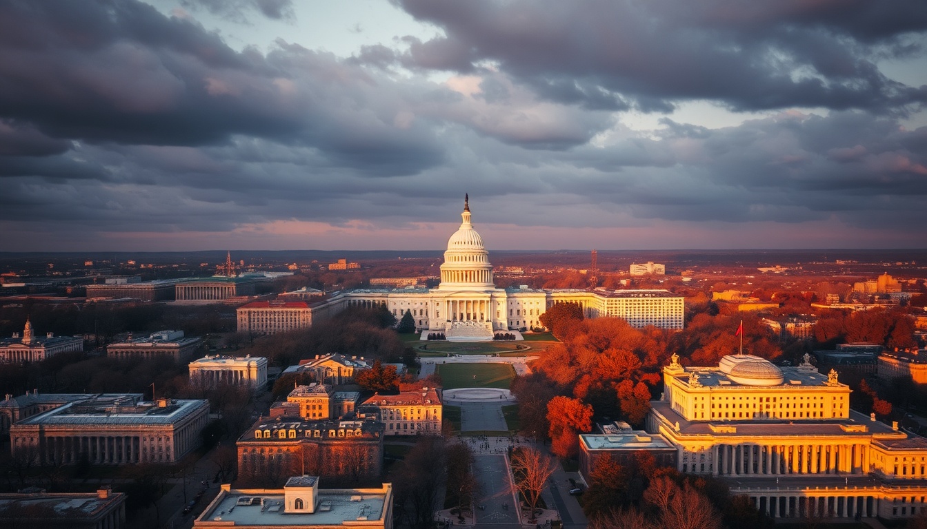 Aerial view of Washington D.C. at golden hour